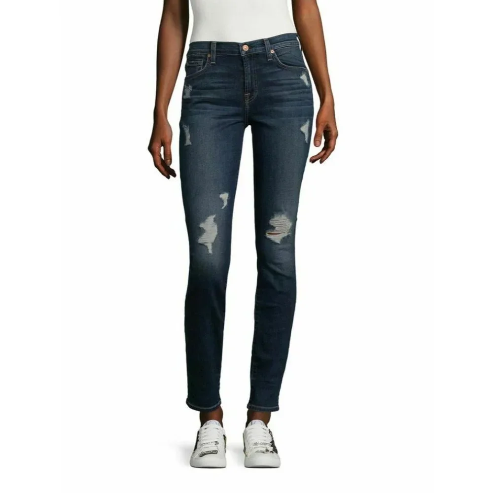 7 for all mankind gwenevere mid rise distressed skinny jeans dark phoenix 26 - Picture 1 of 8